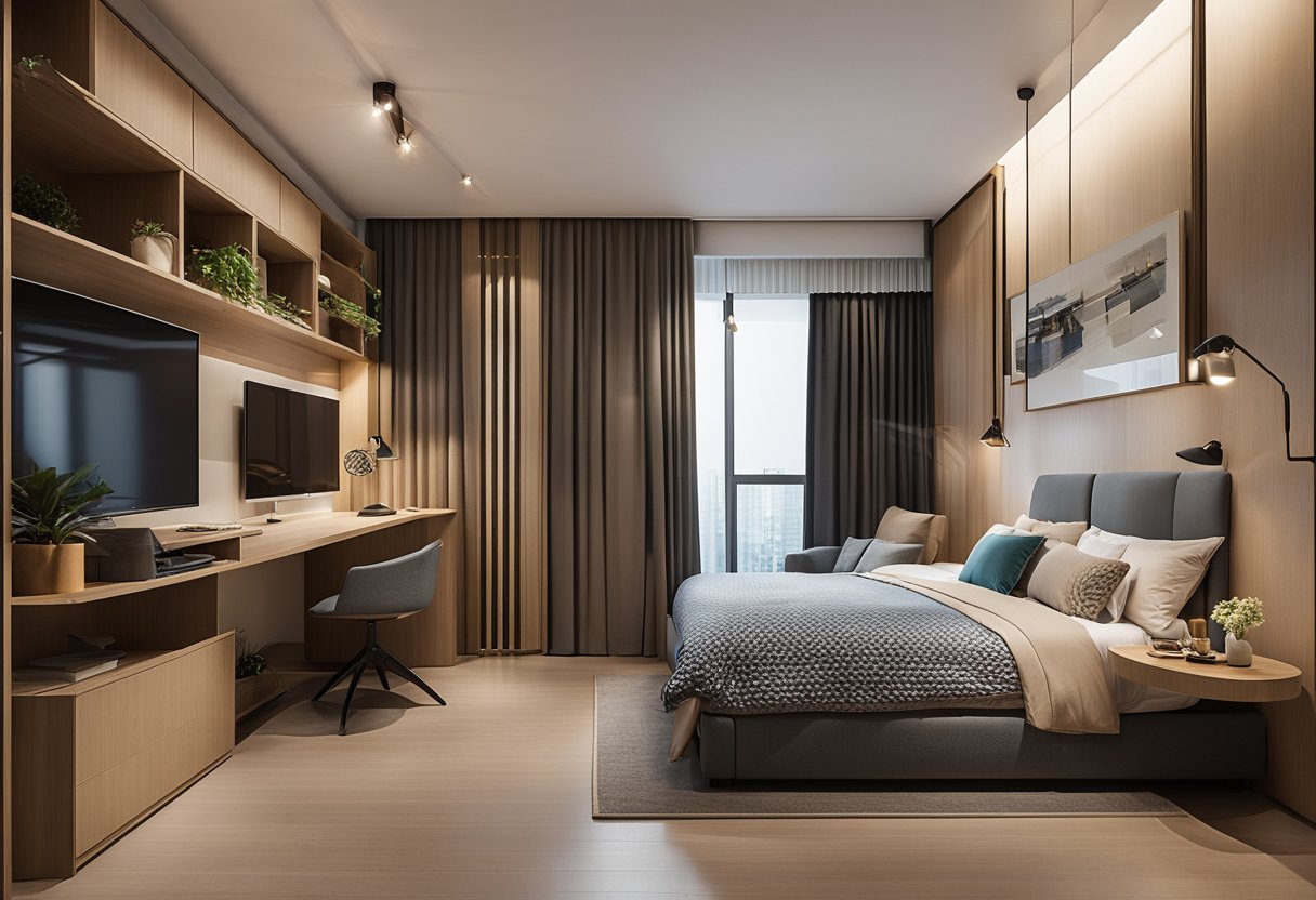 A cozy 3-room HDB bedroom with modern design elements, including a sleek built-in wardrobe, a comfortable queen-sized bed, and a stylish study corner