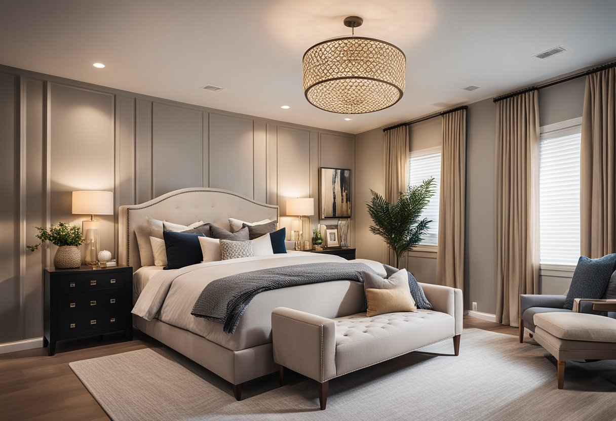 A cozy master bedroom with warm neutral tones, layered textures, and strategic lighting. A mix of affordable and high-end decor creates a stylish yet budget-friendly space