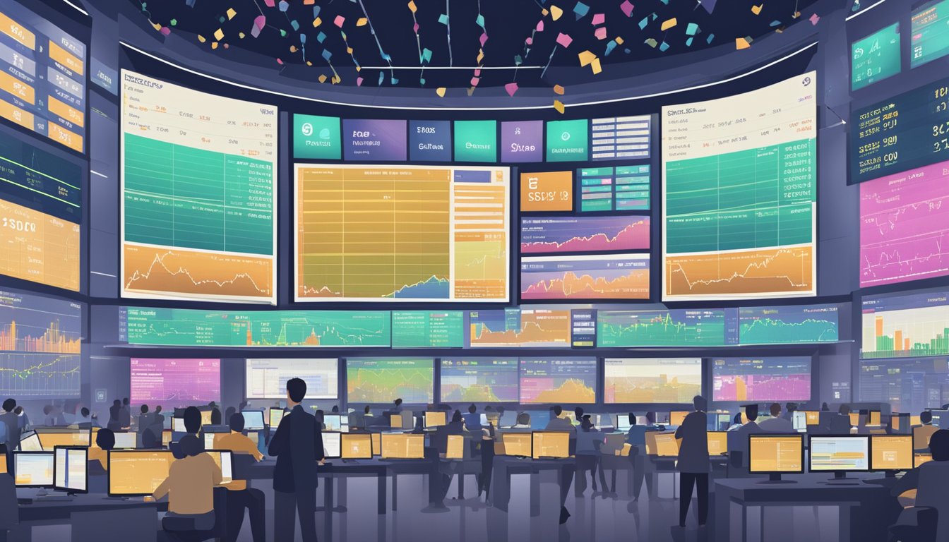 A bustling Singapore stock exchange floor with traders, screens, and ticker tape displaying real-time stock prices