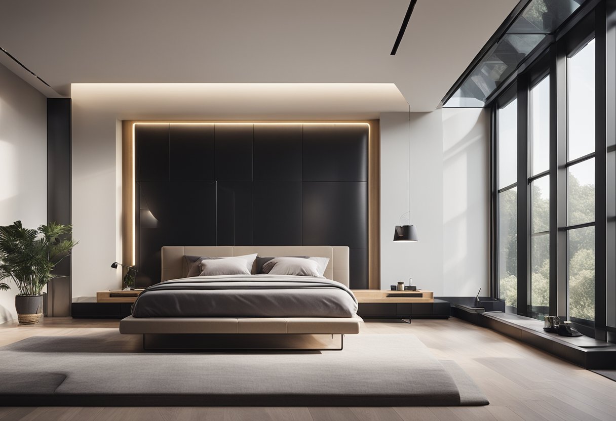 A sleek, minimalist bedroom with a platform bed, geometric wall art, and large windows letting in natural light