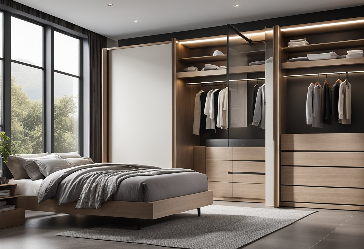 A sleek, minimalist bedroom with a wall-mounted, multi-functional storage unit featuring sliding doors, integrated lighting, and sleek, modern finishes
