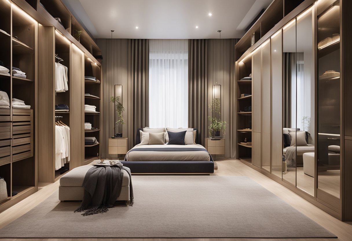 A spacious master bedroom wardrobe with custom shelving, drawers, and hanging space. Soft lighting, a full-length mirror, and a cozy seating area complete the luxurious design