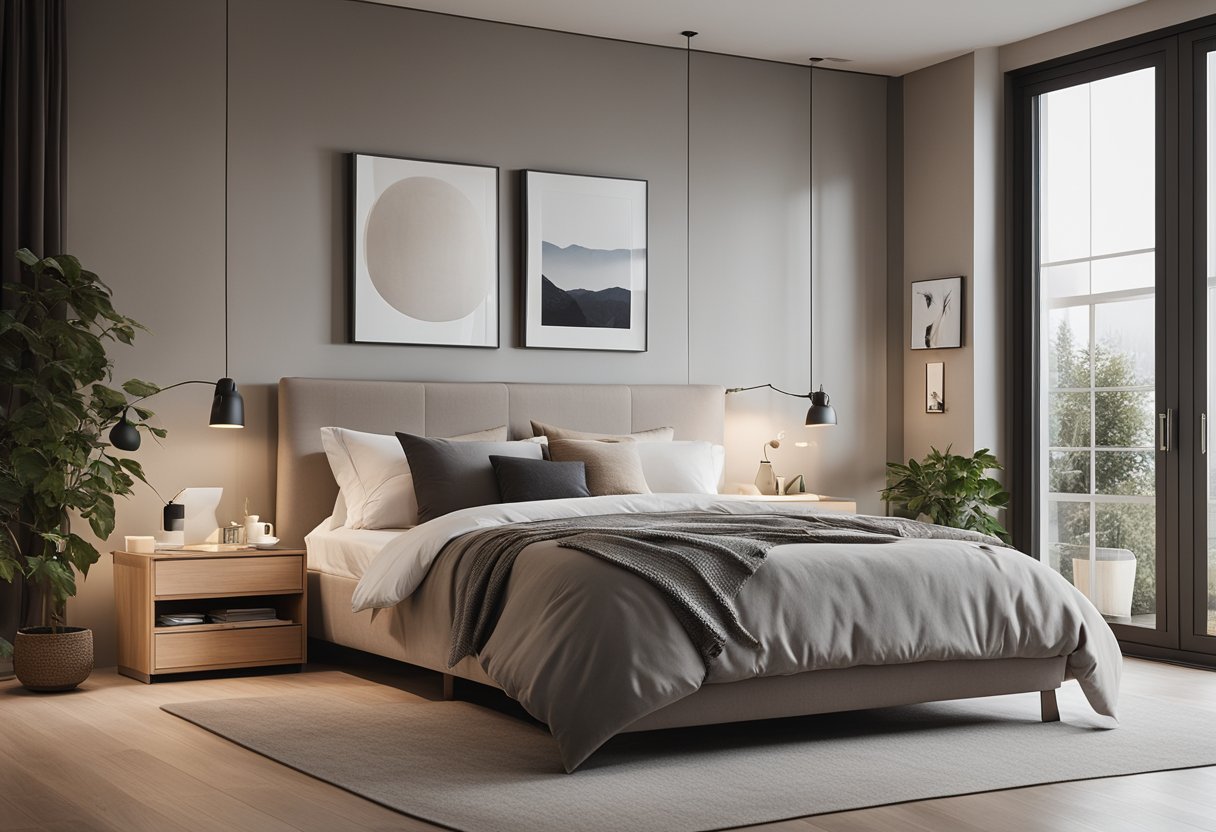 A cozy, minimalist bedroom with neutral tones and multi-functional furniture, showcasing space-saving storage solutions and budget-friendly decor