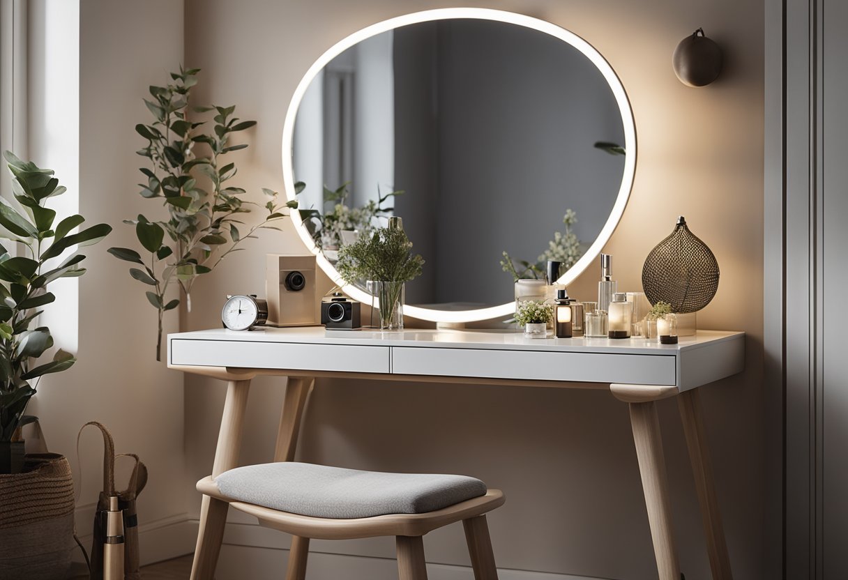 A sleek, minimalist dressing table with a built-in mirror and storage compartments, adorned with a few decorative items, sits against a wall in a cozy small bedroom