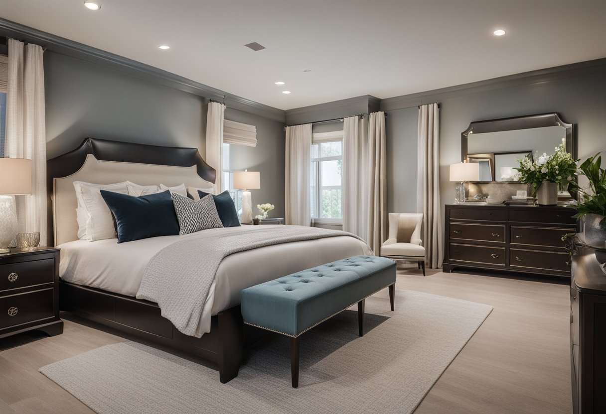 A spacious master bedroom with a cozy king-sized bed, elegant nightstands, a luxurious upholstered bench at the foot of the bed, and a stylish dresser with a large mirror