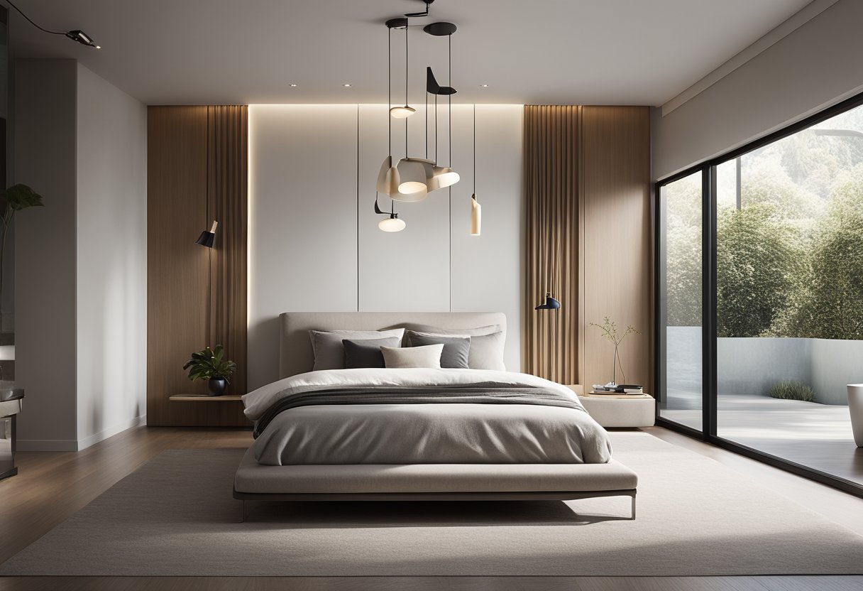 A sleek, minimalist bedroom with a platform bed, clean lines, and neutral colors. Large windows let in natural light, while a statement light fixture hangs from the ceiling