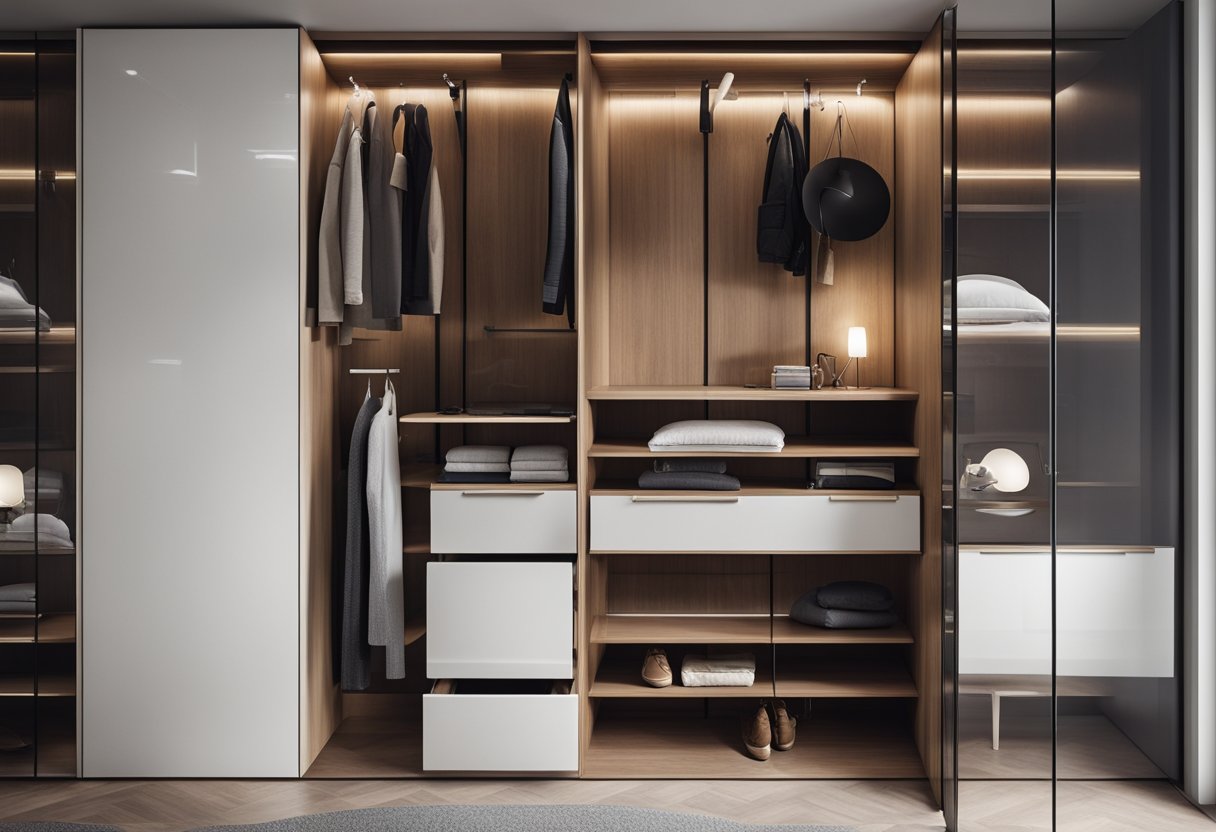 A sleek, minimalist bedroom cupboard with clean lines and a glossy finish. The materials are a mix of wood, glass, and metal, creating a modern and sophisticated aesthetic