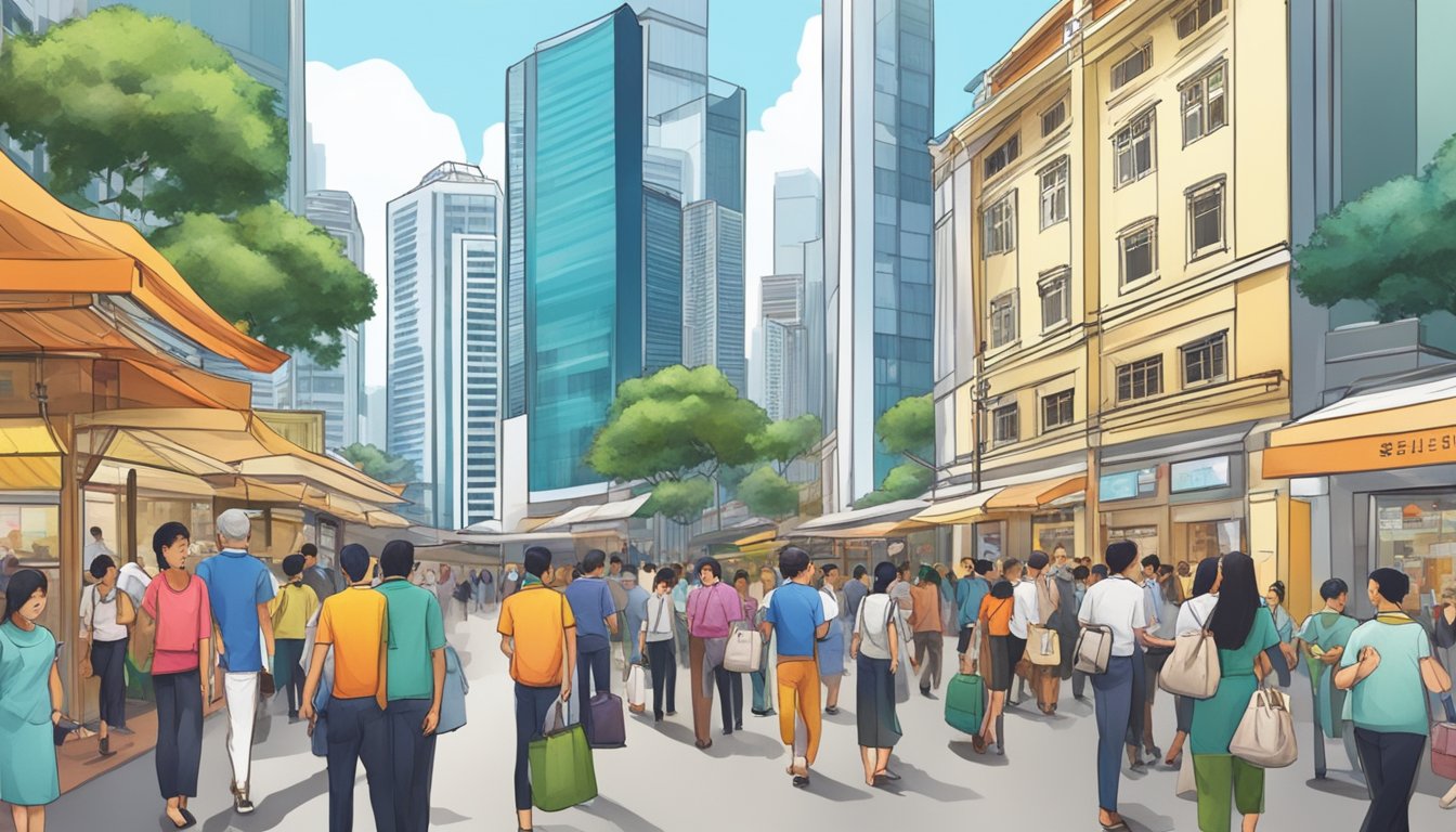 A bustling Singapore street with diverse local businesses, investors exchanging money for stocks, and a vibrant stock exchange in the background