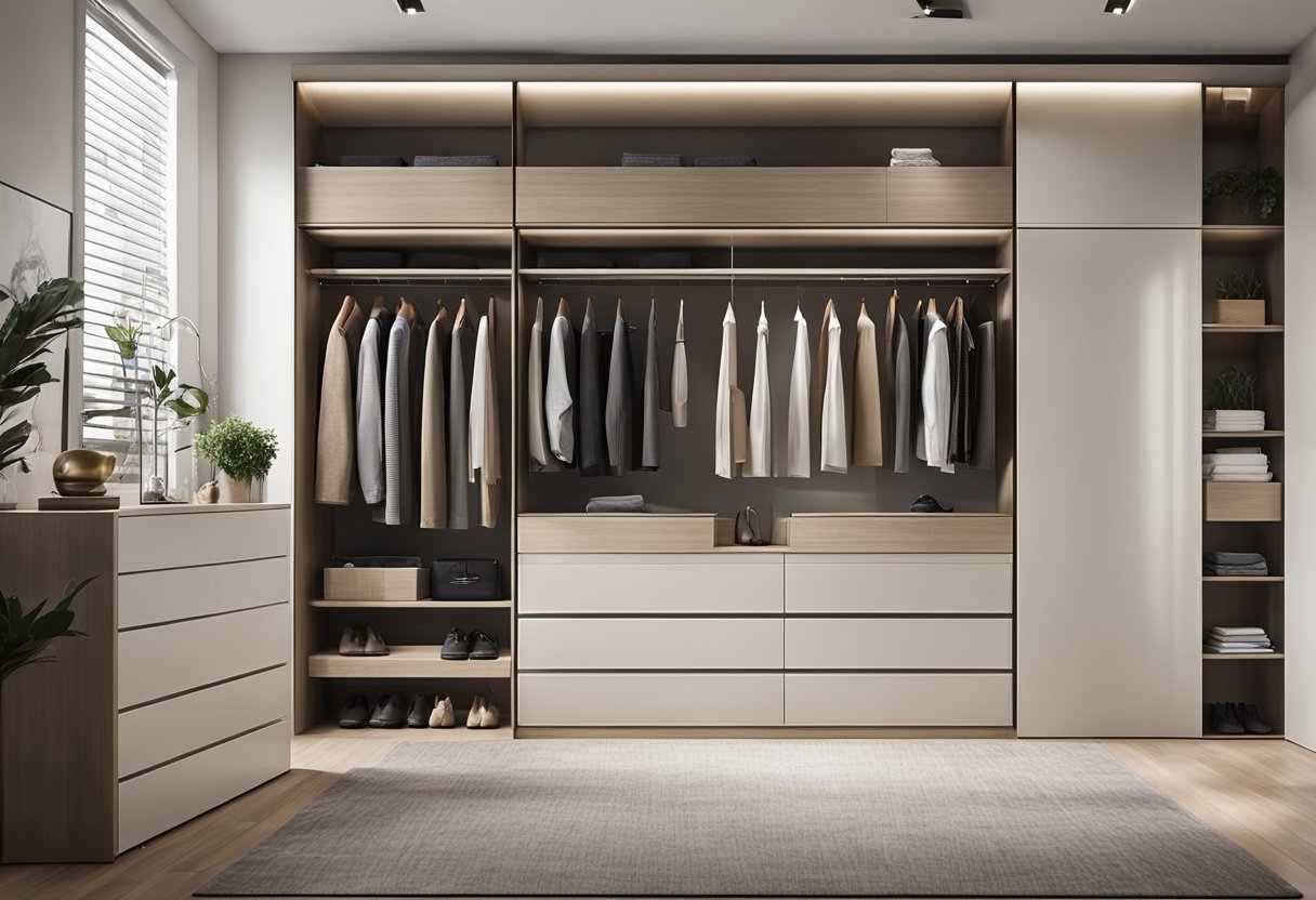 A spacious master bedroom with a sleek, organized wardrobe featuring built-in shelves, drawers, and hanging space. The color scheme is neutral with modern, minimalist design elements
