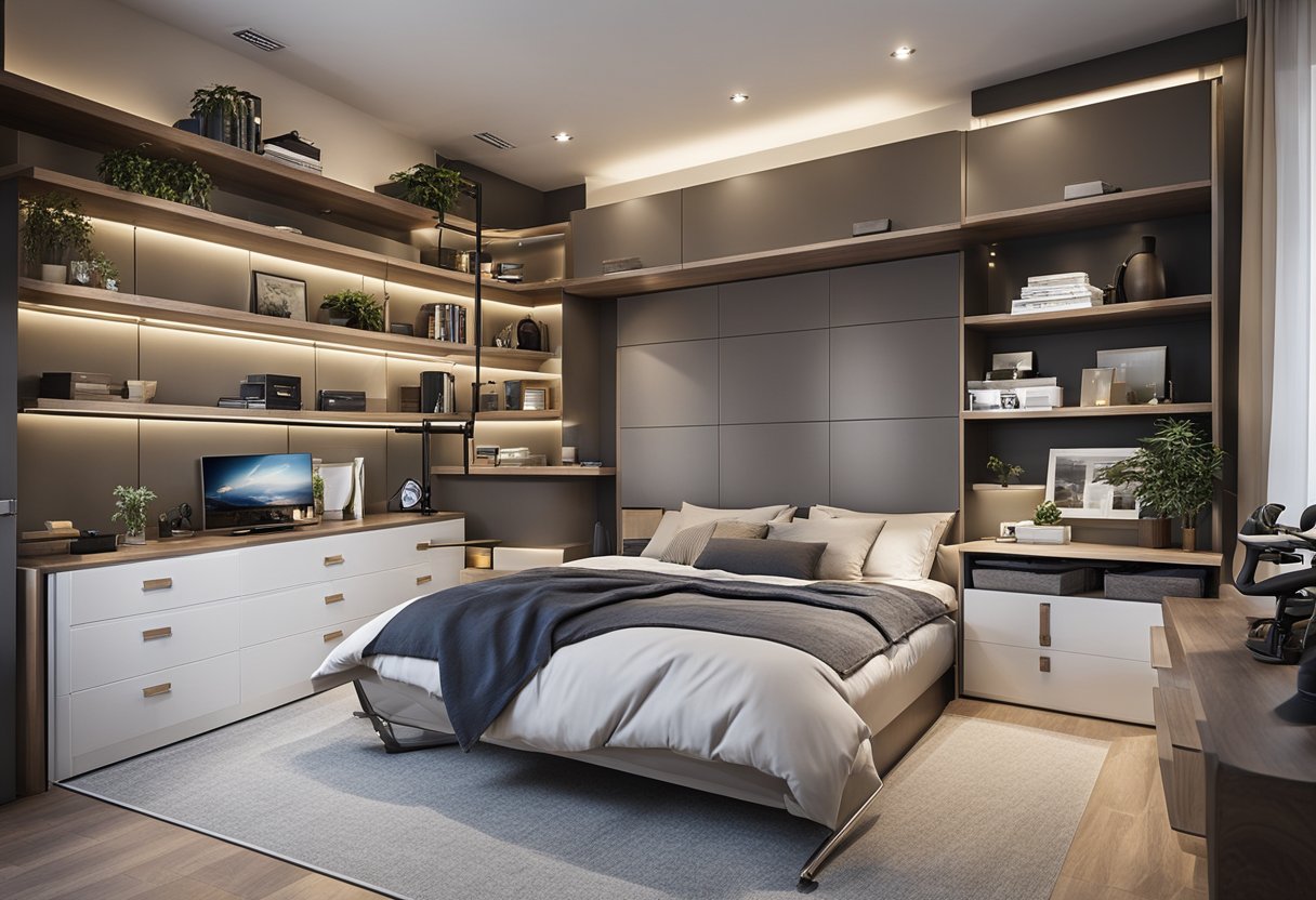 A spacious master bedroom with built-in storage units and multifunctional furniture, such as a platform bed with under-bed drawers and a wall-mounted desk with shelves