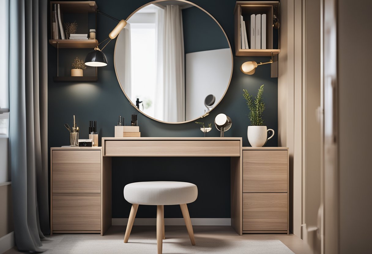 A sleek, minimalist dressing table nestled in a small bedroom, with clever storage solutions and modern design elements maximizing the use of space