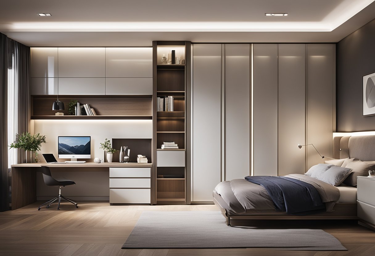 A sleek, minimalist bedroom with a contemporary cupboard design featuring clean lines, glossy finishes, and integrated lighting