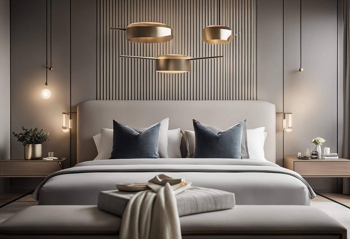 A sleek, minimalist bedroom with clean lines, neutral colors, and carefully curated decor. A statement headboard, geometric lighting, and textured accents add depth and sophistication to the space