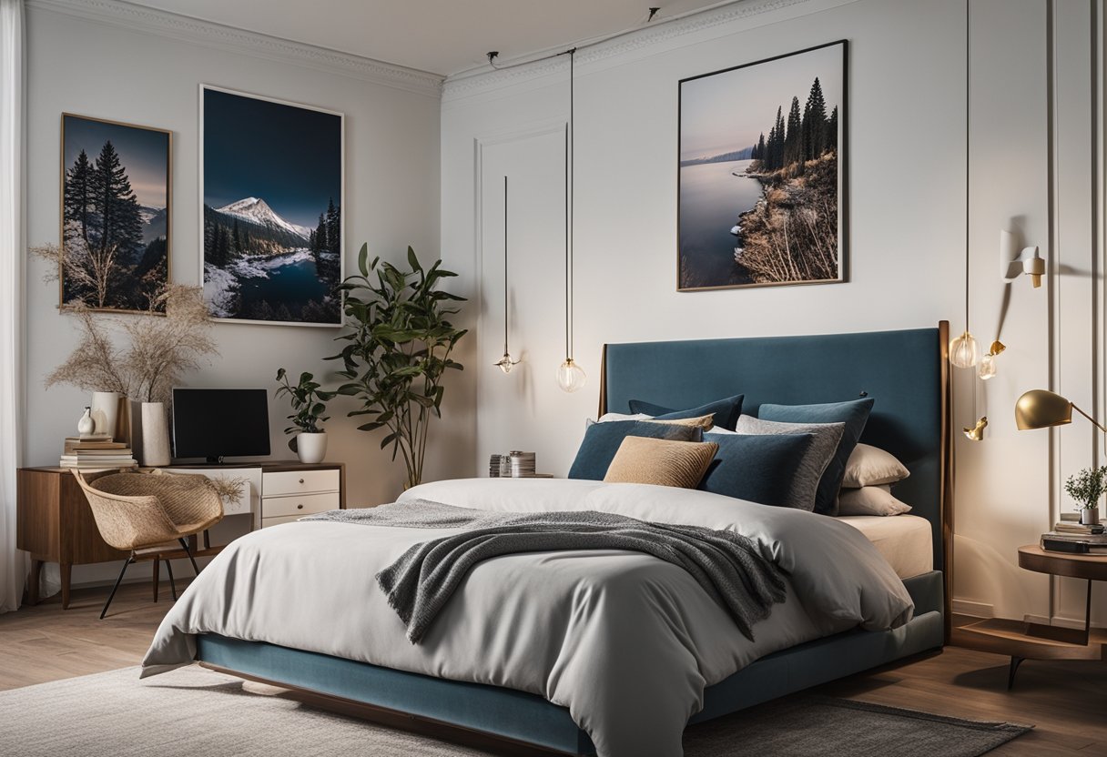 A cozy bedroom with a large bed against a wall adorned with various wall art designs, including framed paintings, hanging tapestries, and decorative decals
