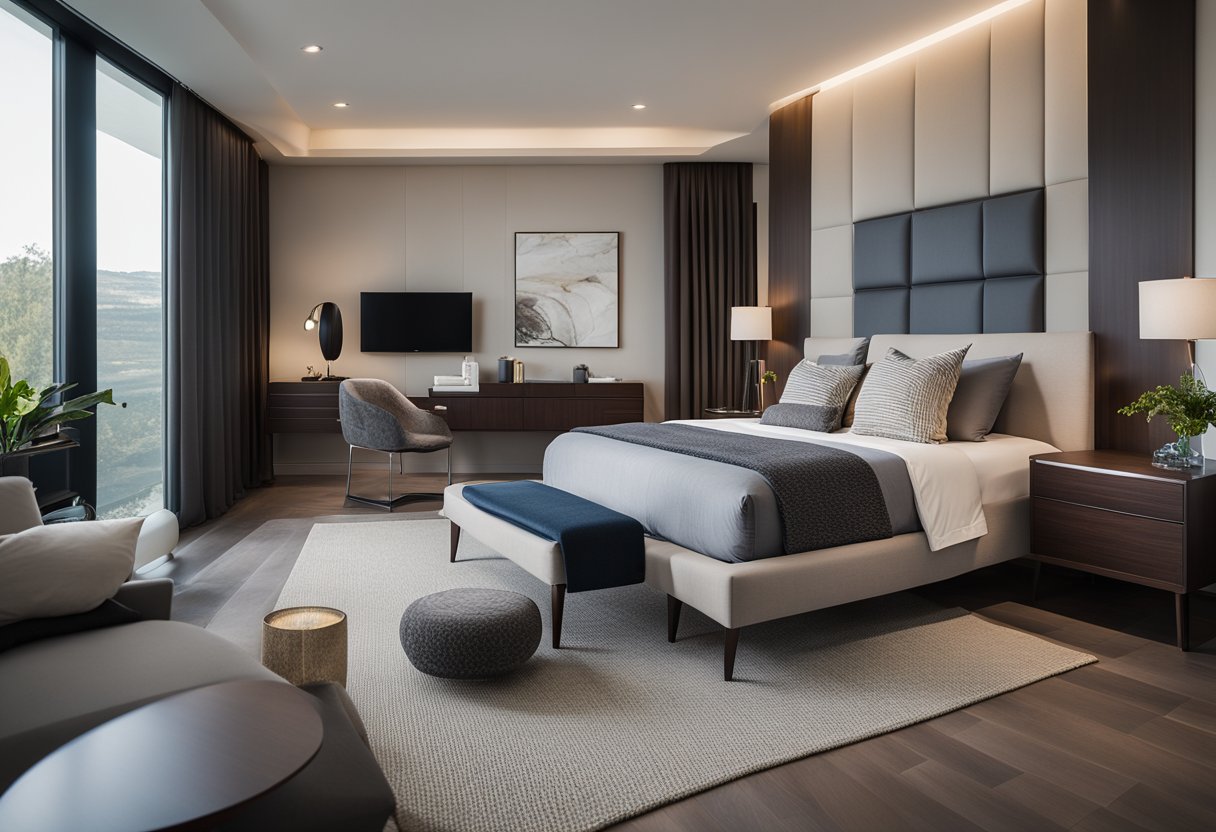 A modern, minimalist master bedroom with sleek, dark wood furniture and clean lines. A large, plush bed sits in the center, flanked by matching nightstands and a dresser. A cozy reading nook with a comfortable armchair and floor lamp completes