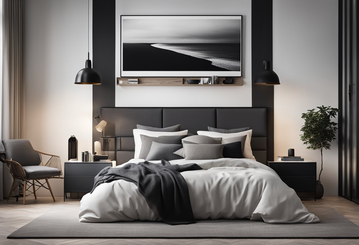 A cozy bedroom with a modern, minimalist design. A large, abstract canvas hangs above the bed, while a gallery wall of black and white photography lines the opposite wall