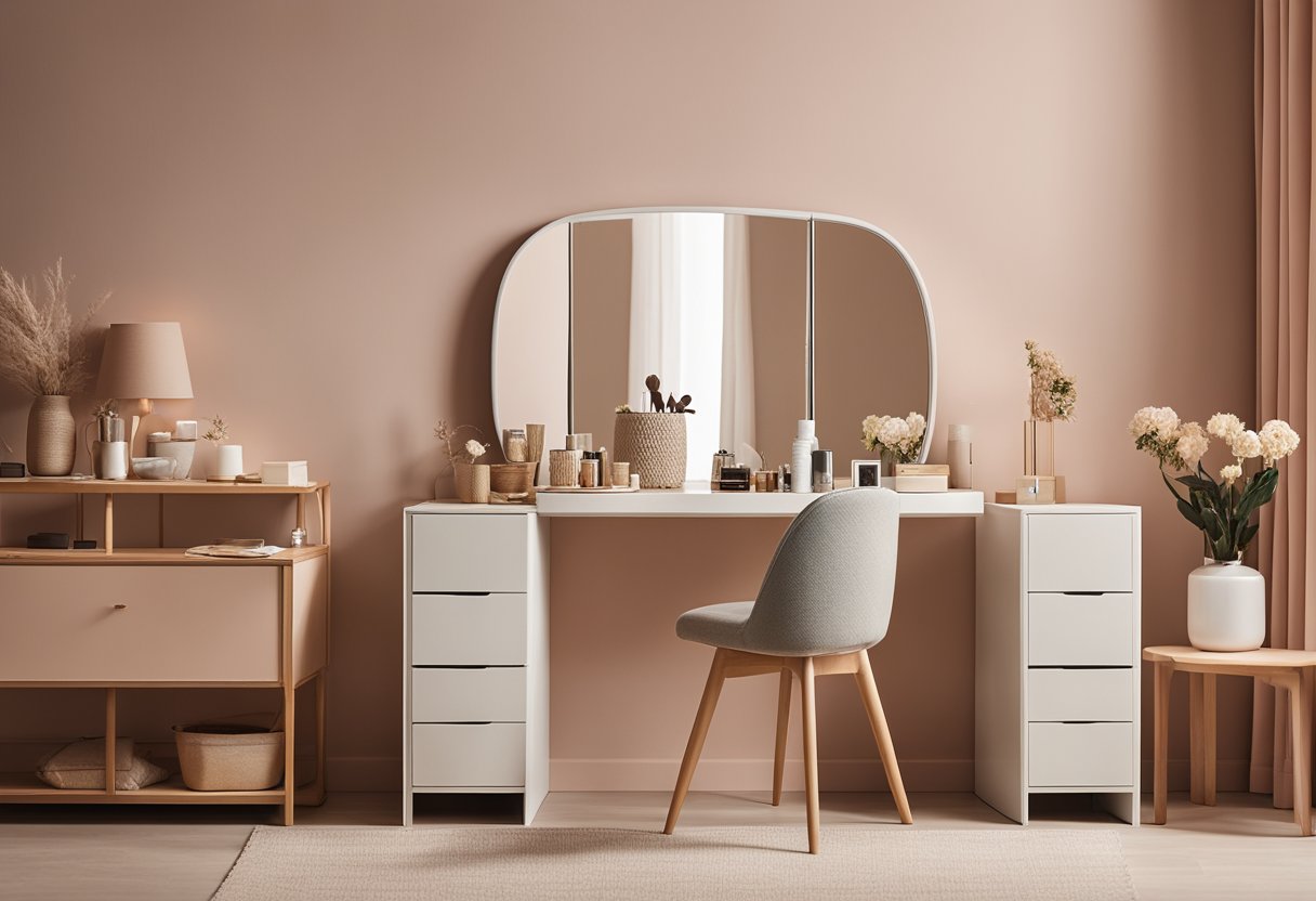 A sleek, minimalist dressing table with built-in storage sits against a pastel-colored wall in a cozy, small bedroom. The table features a large mirror and a few carefully curated personal items on display