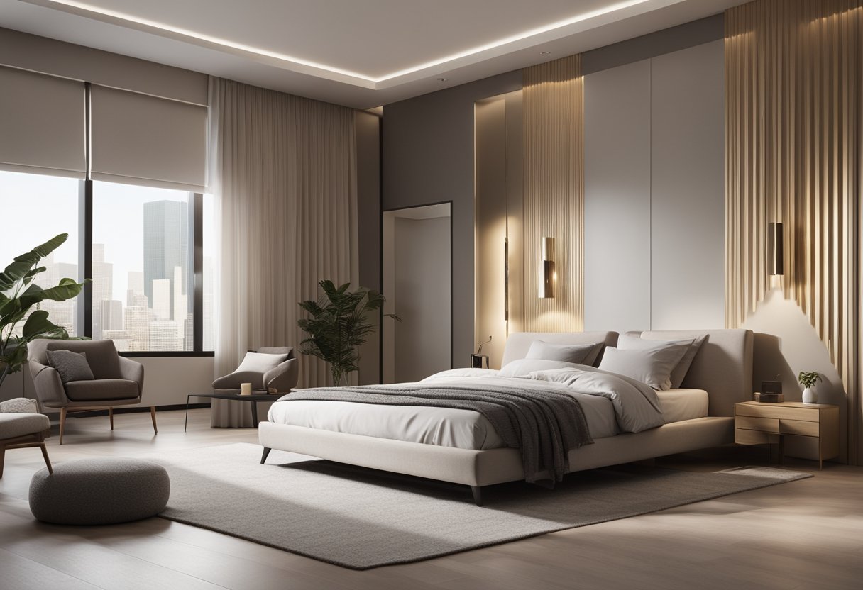 A sleek, minimalist bedroom with clean lines, neutral colors, and modern furniture. A large, comfortable bed sits against a backdrop of geometric patterns and soft lighting