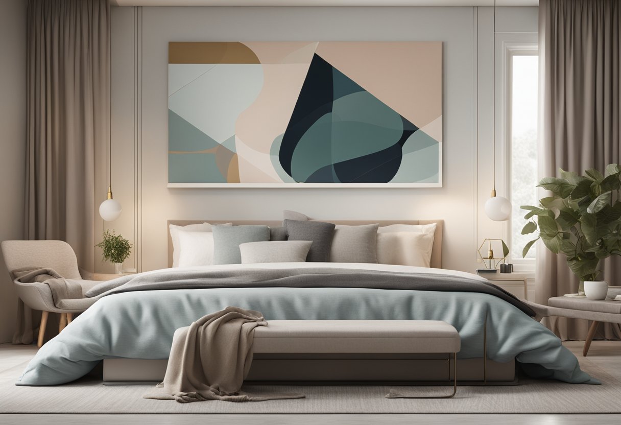 A serene bedroom with a large, abstract wall art piece as the focal point. Soft, muted colors and geometric shapes create a calming atmosphere