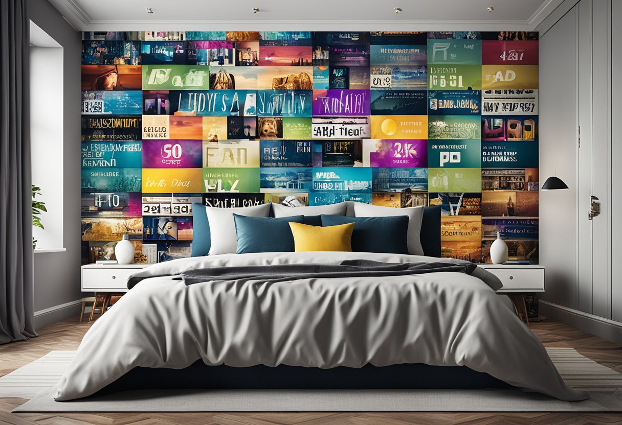A bedroom wall adorned with various FAQ wall art designs in vibrant colors and modern typography