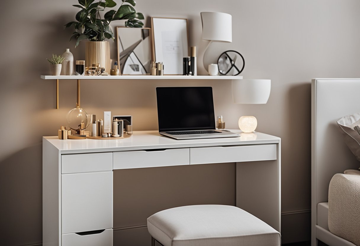A small bedroom with a modern dressing table, featuring sleek lines, minimalistic design, and clever storage solutions