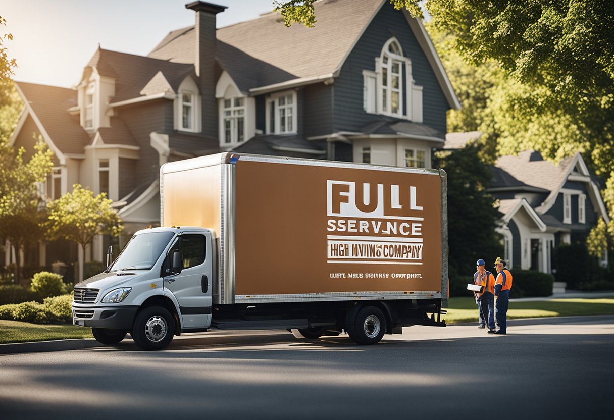 A moving truck parked in front of a house, with workers loading boxes and furniture. A sign on the truck reads "Full-Service Moving Company."