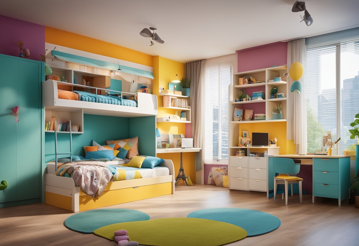 A colorful and cozy children's bedroom with bunk beds, a play area, and vibrant wall decorations