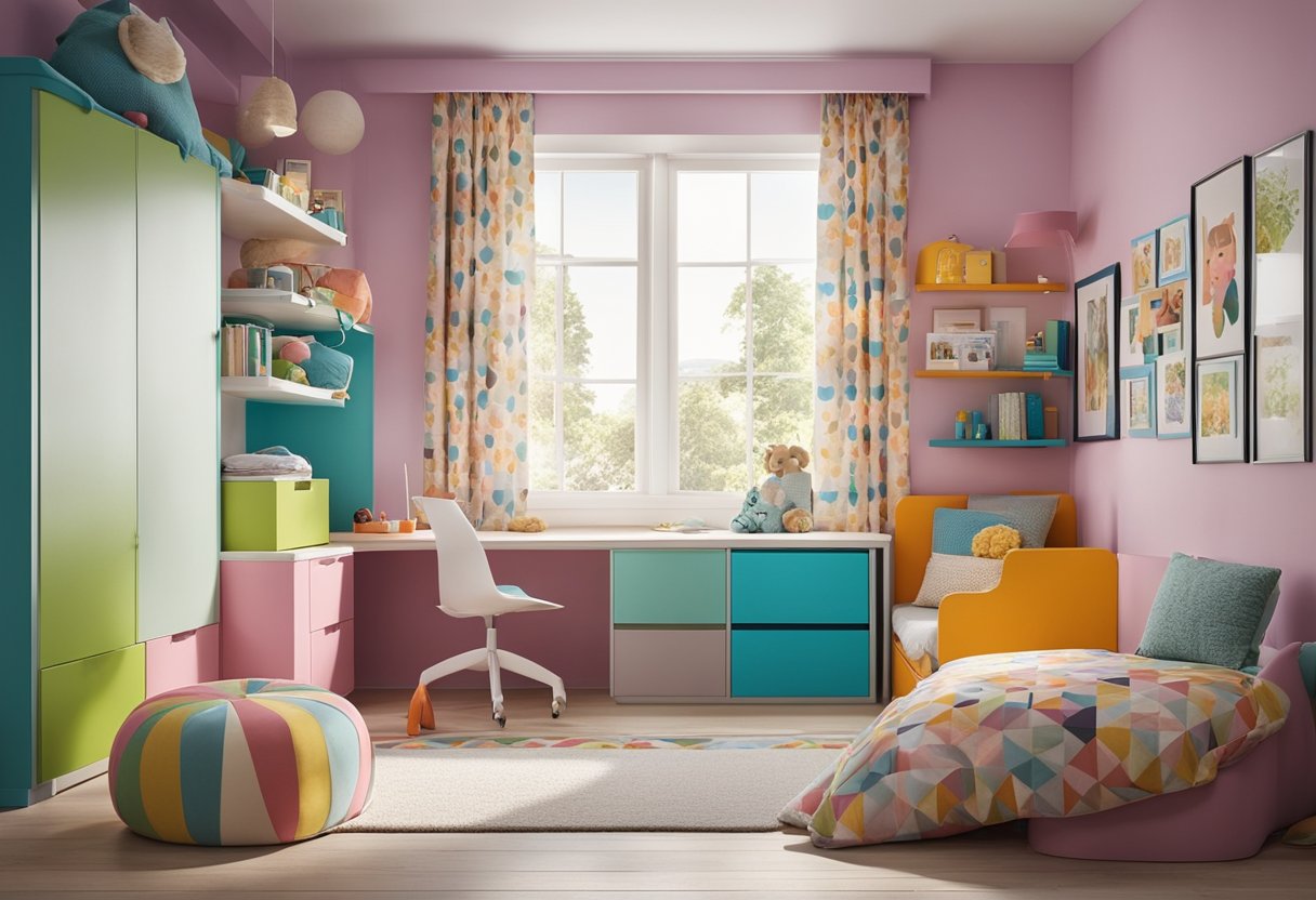 A cozy child's bedroom with colorful bunk beds, a study area, and toy storage. Bright curtains and playful wall decals add a cheerful touch