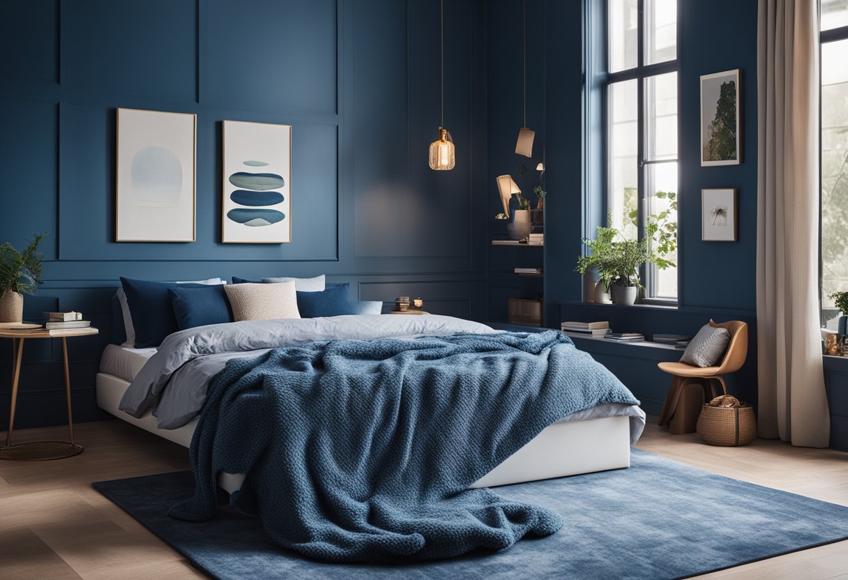 A cozy blue bedroom with a large window, a plush area rug, and a comfortable reading nook by the bed