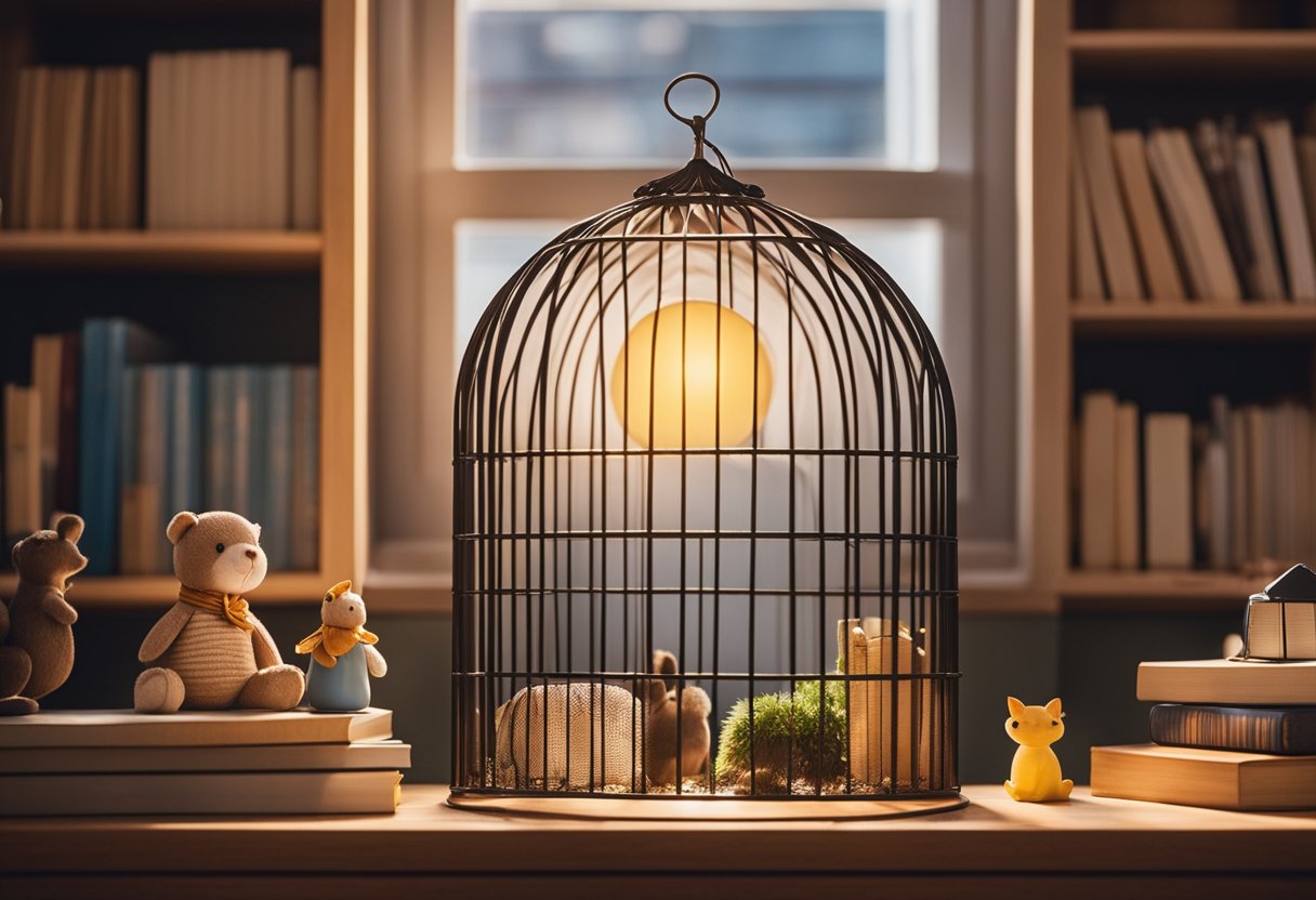 A bedroom with a gerbil cage on a desk, surrounded by books and toys. A window lets in natural light, casting a warm glow on the scene
