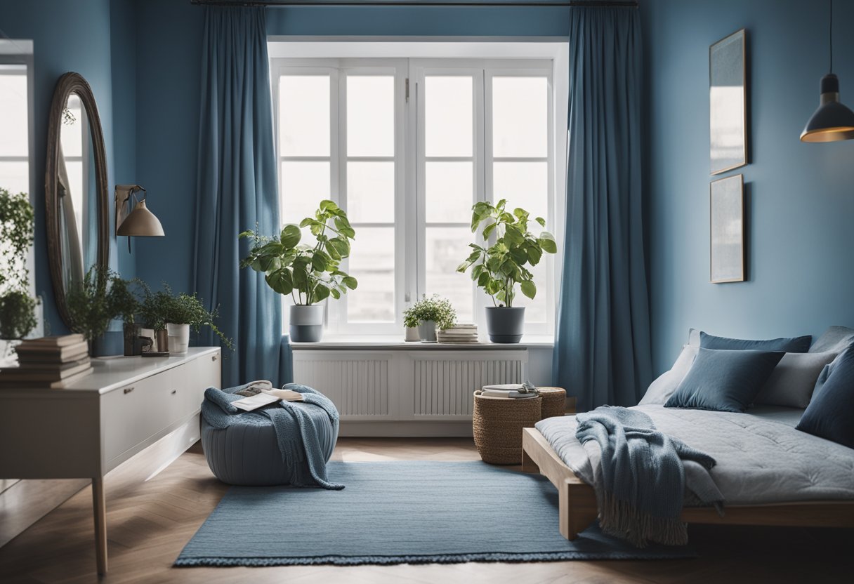 A cozy blue bedroom with soft, plush bedding, a large window with billowing curtains, and a comfortable reading nook by the window