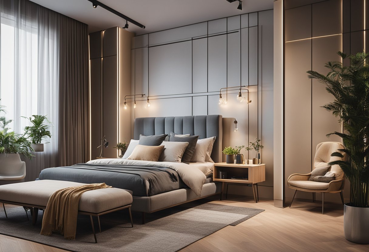 A cozy bedroom with a modern showcase design, featuring sleek furniture, soft lighting, and decorative accents