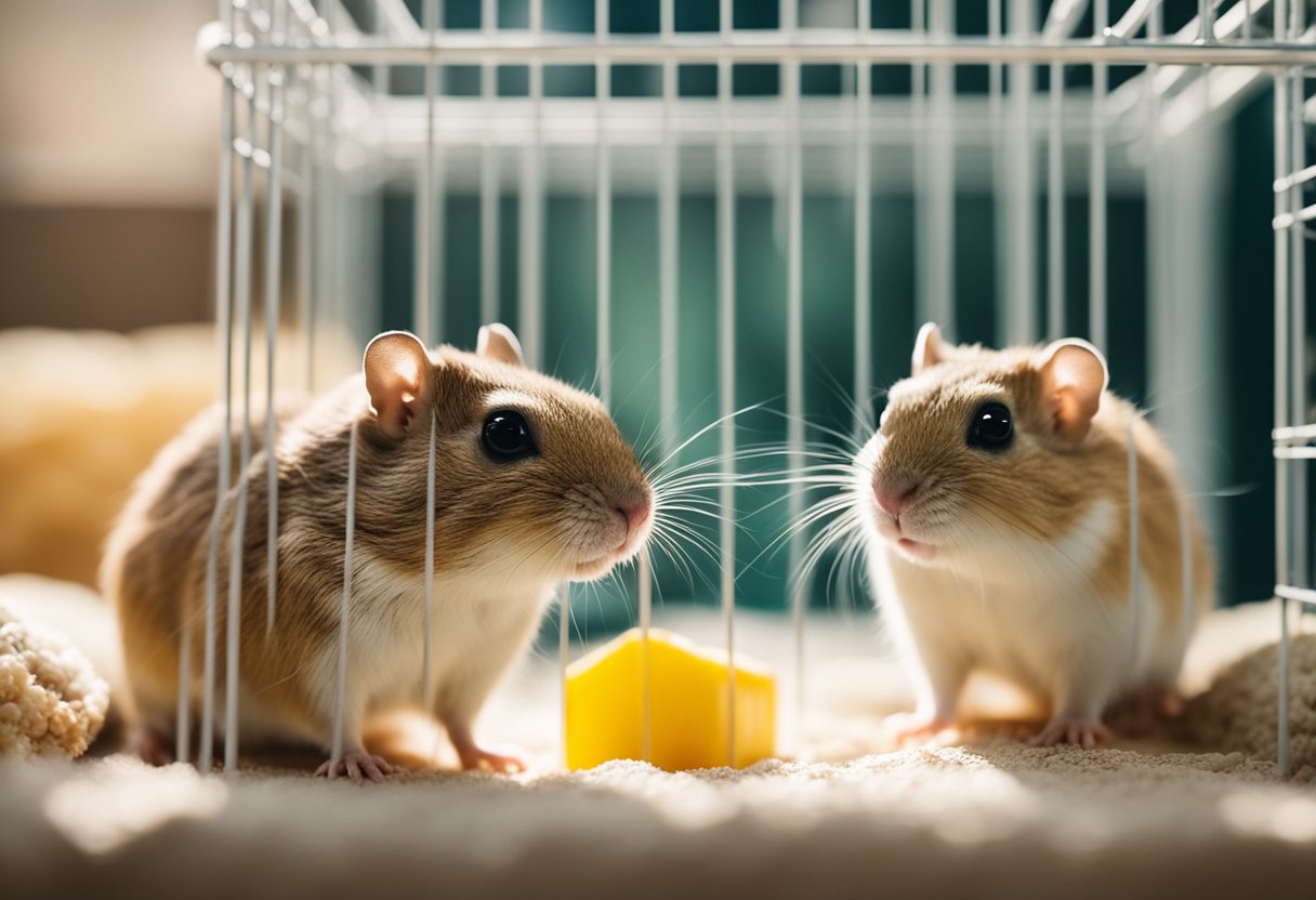 Two gerbils in a spacious, well-ventilated cage with bedding, water bottle, food dish, and chew toys. Cage placed on a sturdy, level surface in a bedroom