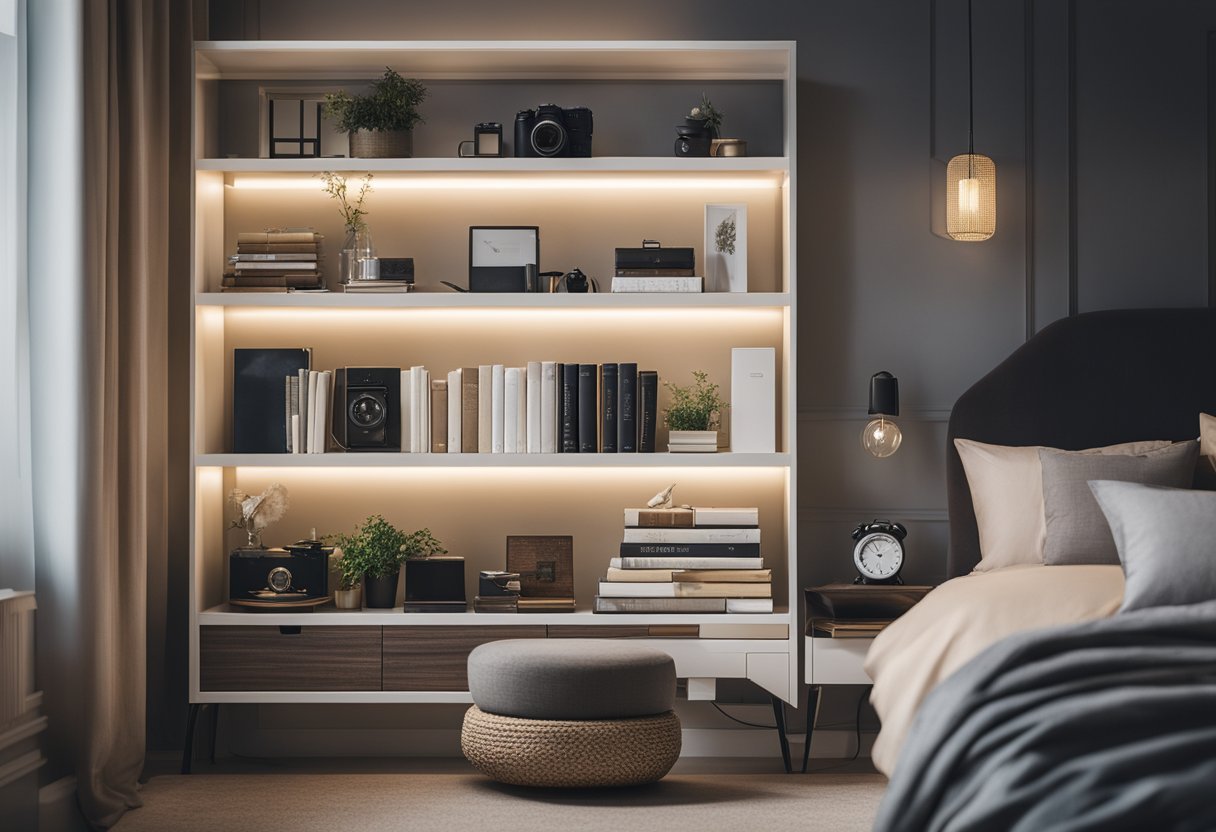 A well-lit bedroom with a modern showcase displaying neatly arranged decor, books, and personal items