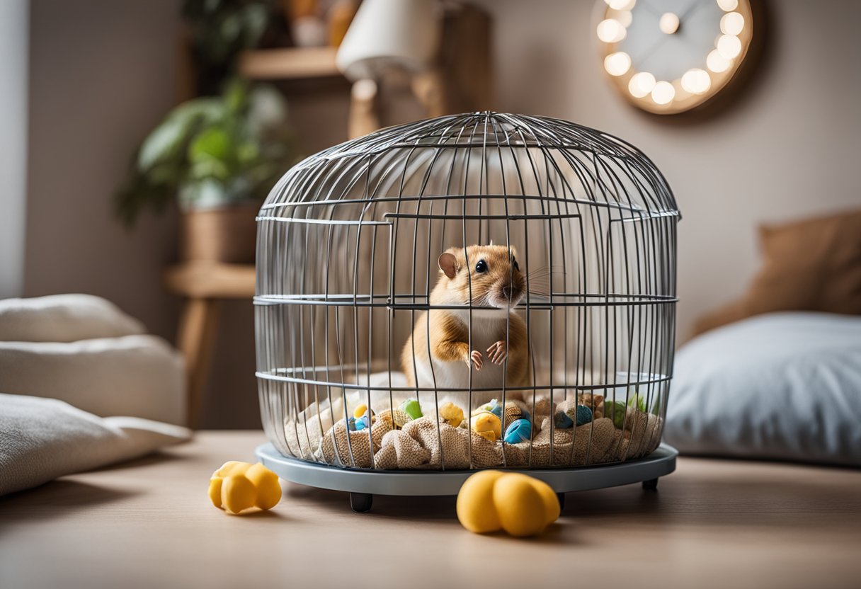 A bedroom with a gerbil cage on a sturdy surface, with bedding, food, water, and toys nearby. No hazards or obstructions nearby