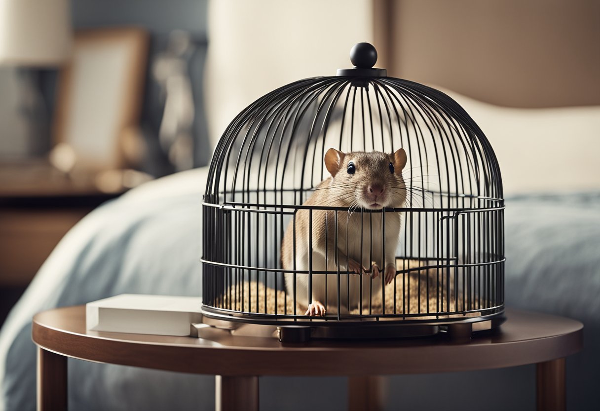 Gerbil cage on bedside table, bedroom setting, with FAQ sign nearby