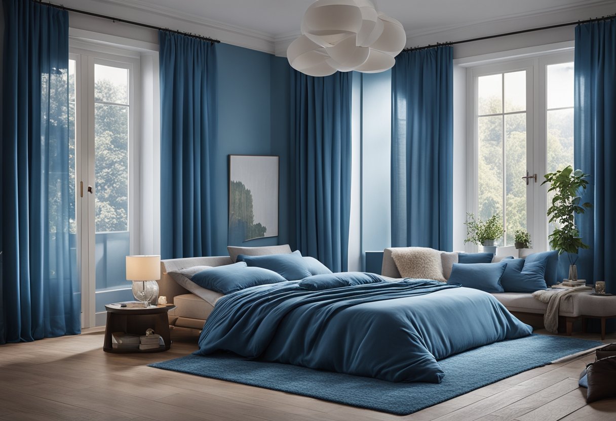 A cozy blue bedroom with a soft, plush bed, matching blue curtains, and a stylish blue rug on the hardwood floor