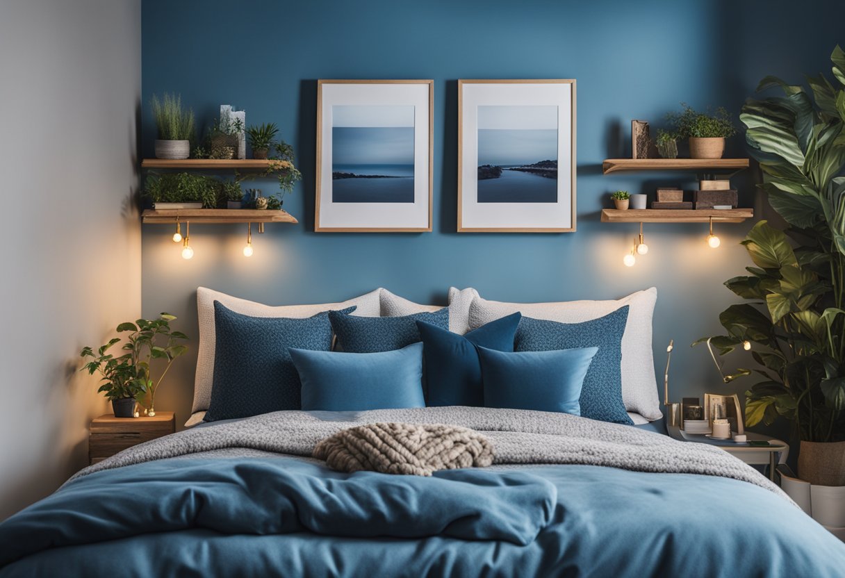 A cozy blue bedroom with a large, comfortable bed, soft lighting, and a variety of decorative pillows. The walls are adorned with framed artwork and shelves filled with books and plants