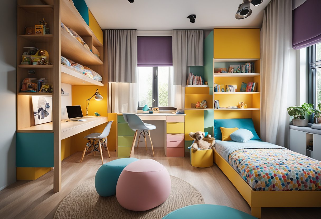 A cozy children's bedroom with colorful and playful design elements, including bunk beds, storage solutions, and a study area