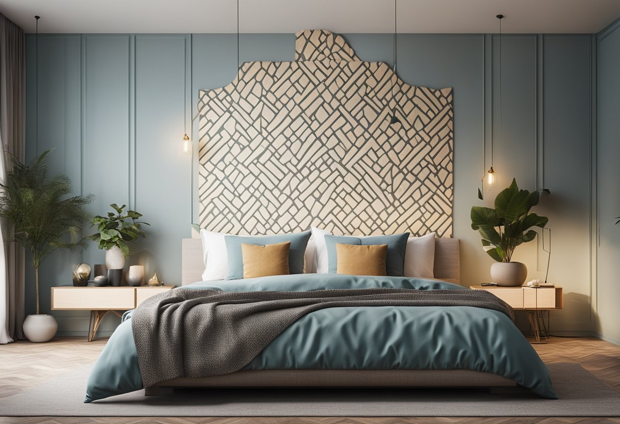 A bedroom wall with various texture designs, such as geometric patterns and nature-inspired motifs, creating a personalized and cozy atmosphere