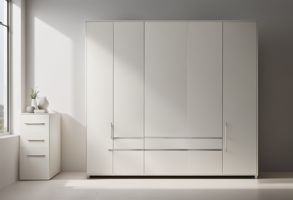 A white bedroom cupboard stands against a pale wall, with sleek, minimalist design and chrome handles, illuminated by soft natural light