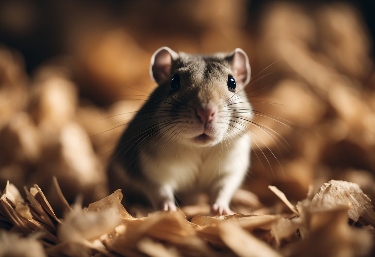 A gerbil sits on a bed of wood shavings, looking up curiously as a person leans in for a kiss