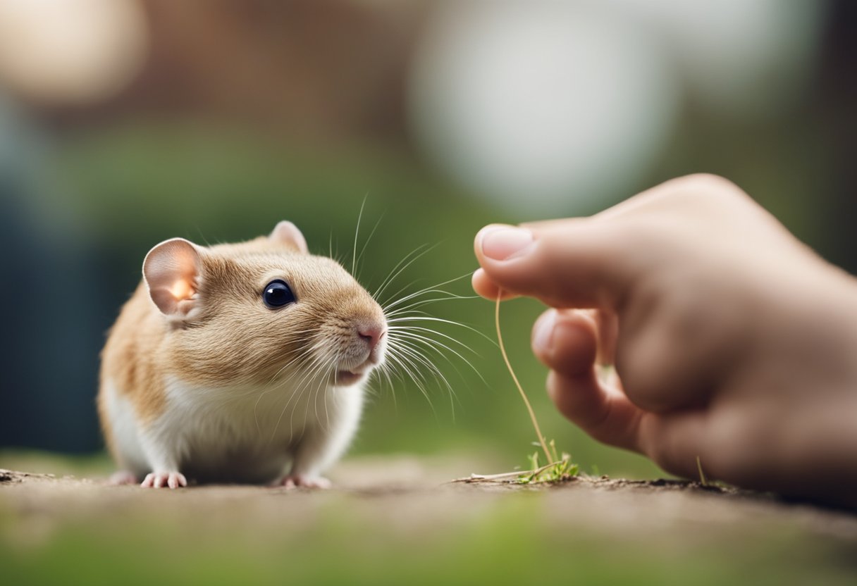 A gerbil sniffs cautiously as it approaches a human face, its whiskers twitching with curiosity