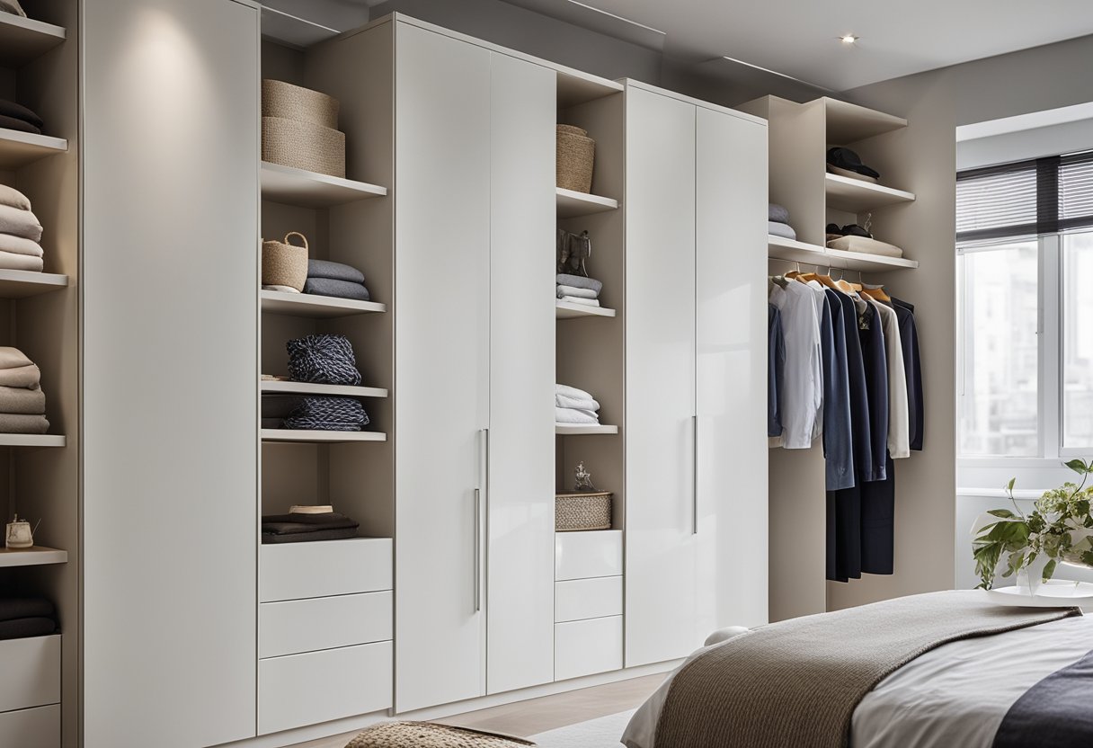 White bedroom cupboards with sleek, modern handles. Shelves neatly organized with folded clothes, and a few decorative items on display