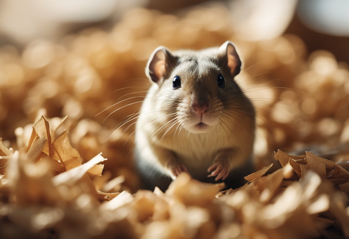 A gerbil sits on a bed of wood shavings, looking up at a person with a questioning expression. The person holds a gerbil in their hand, appearing unsure about whether to kiss it