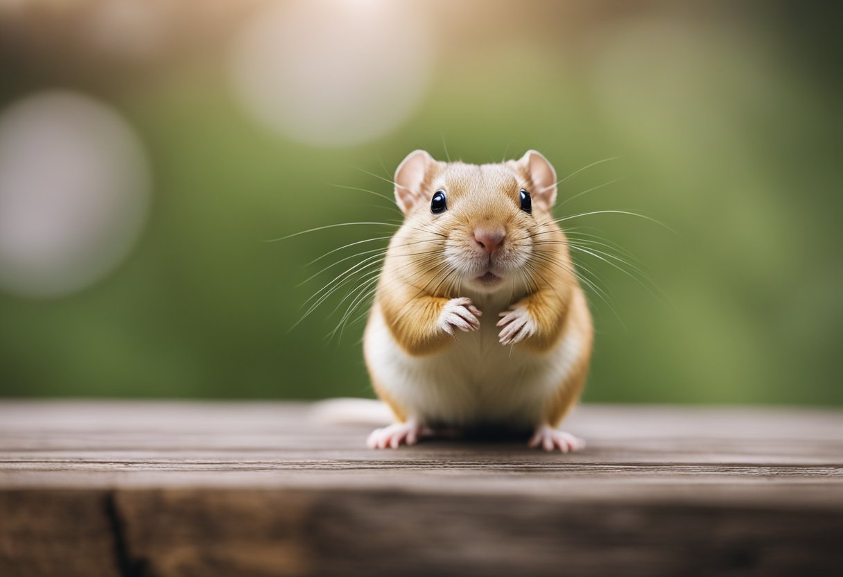 A gerbil sitting on a wooden surface, looking up with curiosity as if anticipating a kiss