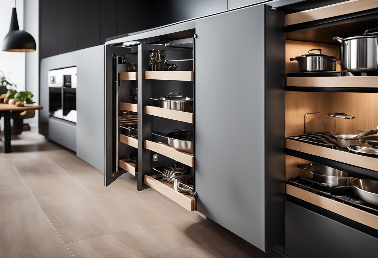 A modern kitchen cabinet with sleek, handle-less doors, integrated lighting, and organized storage for utensils and cookware
