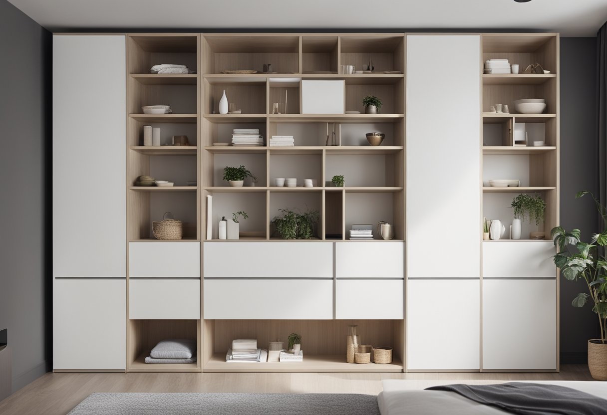 A white bedroom cupboard with multiple compartments and shelves. Clean, modern design with sleek handles and minimalistic details