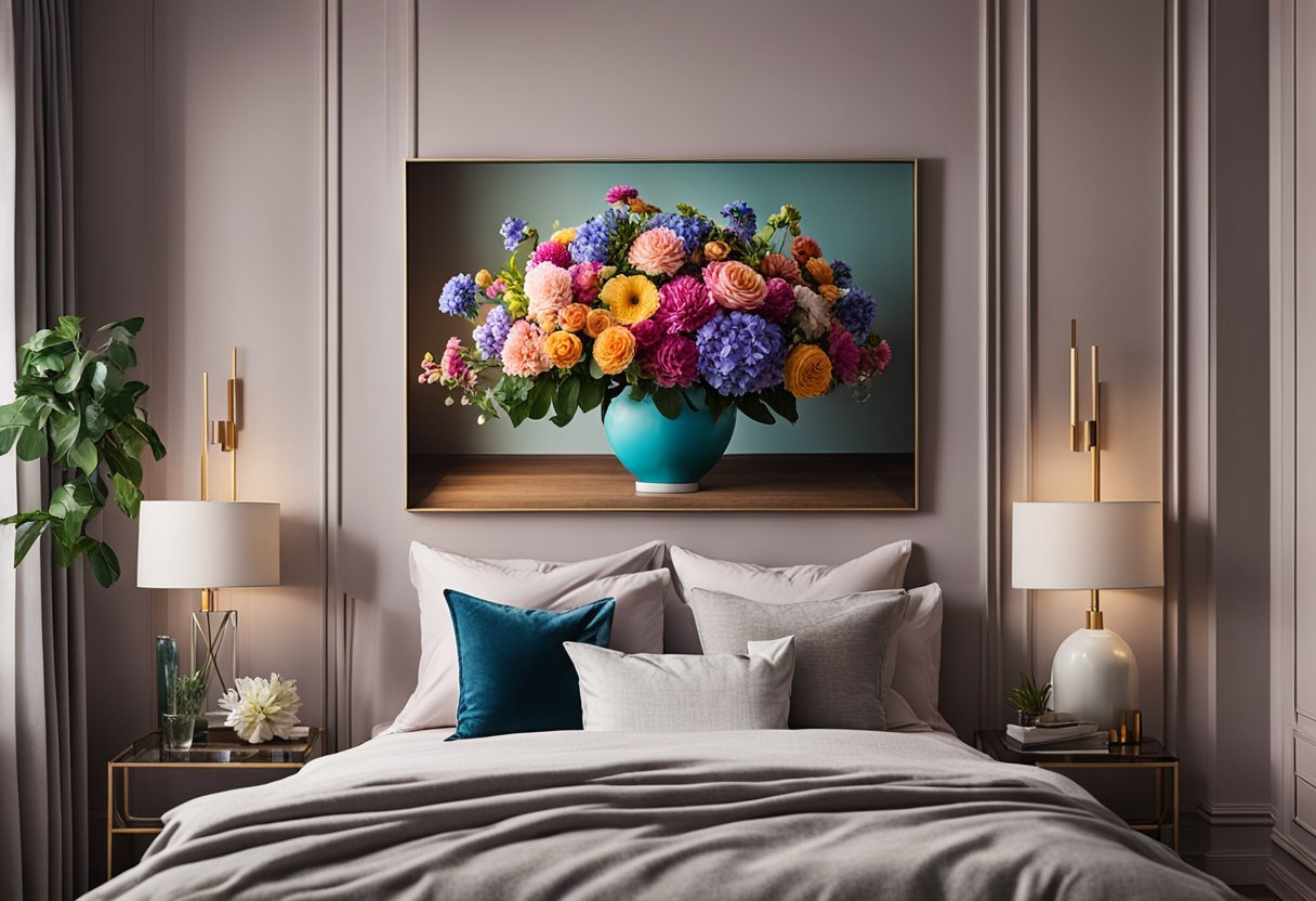 A large, vibrant floral arrangement adorns the center of a bedroom wall, drawing attention with its bold colors and intricate details