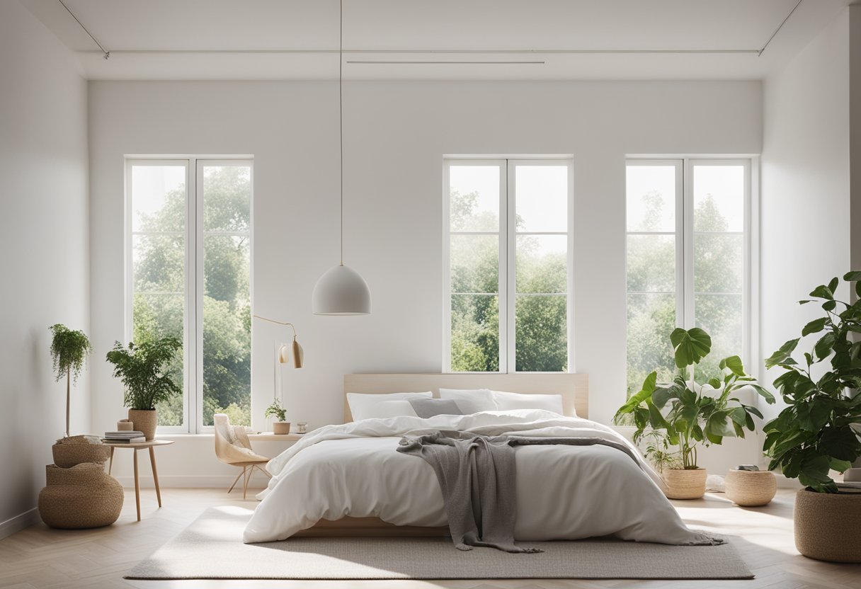 A white simple bedroom with minimal furniture and clean lines. A large window lets in natural light, and a few plants add a touch of greenery
